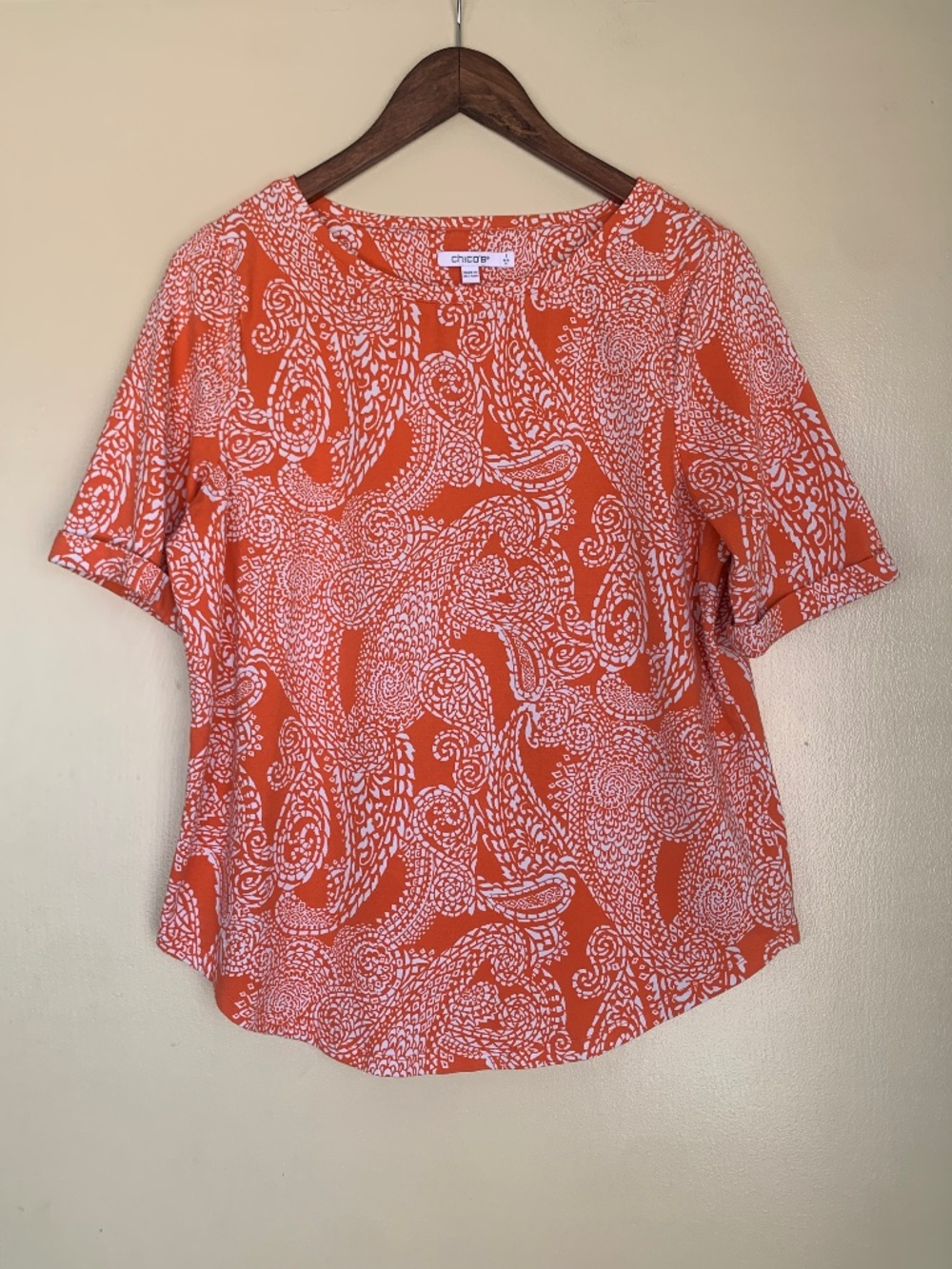 Chico's Orange Paisley Shirt Sz.1 or M Travel Beach Round Hem Top